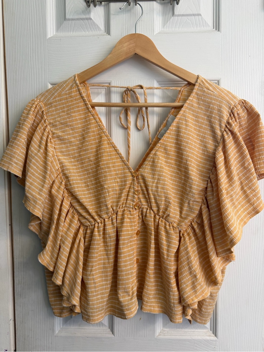 Flutter Sleeve Striped V-Neck Women's Top in Yellow
